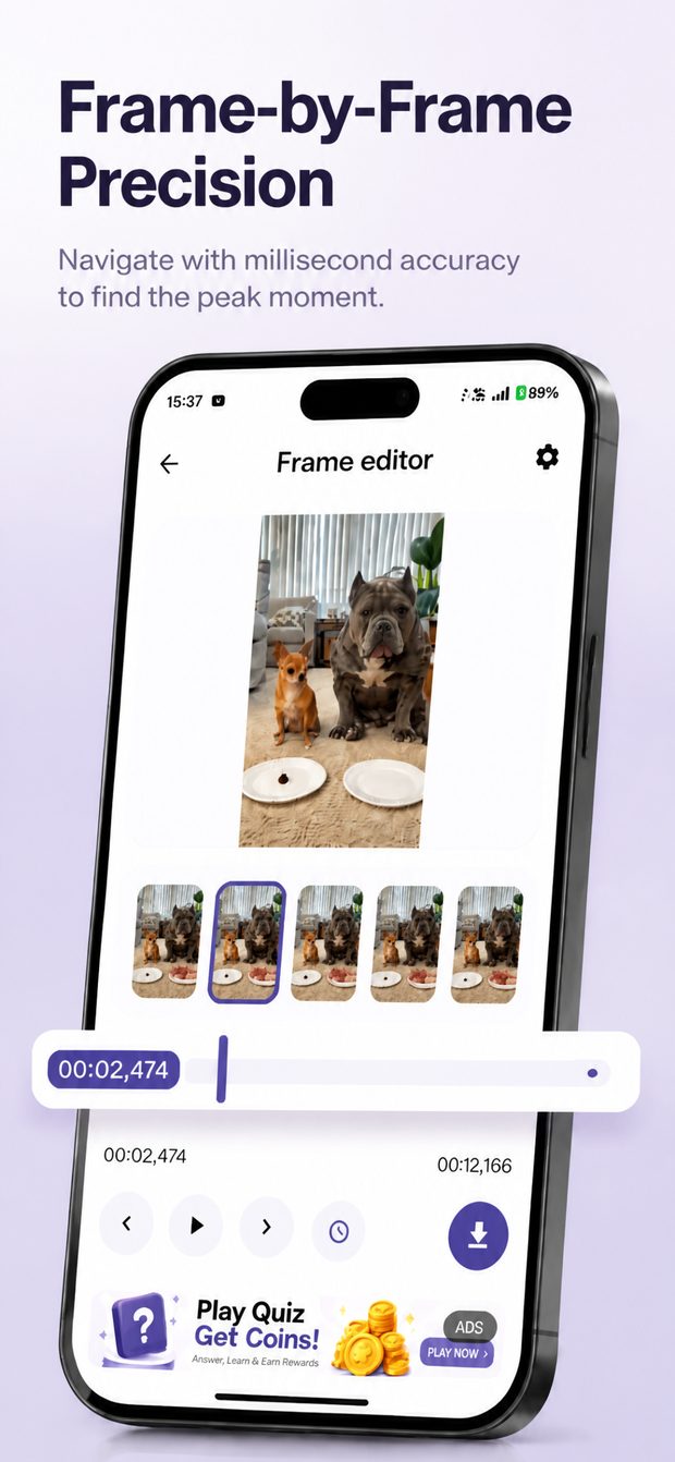 Frame Capture frame editor showing a video paused at 00:02,474 with a thumbnail timeline for frame-by-frame selection