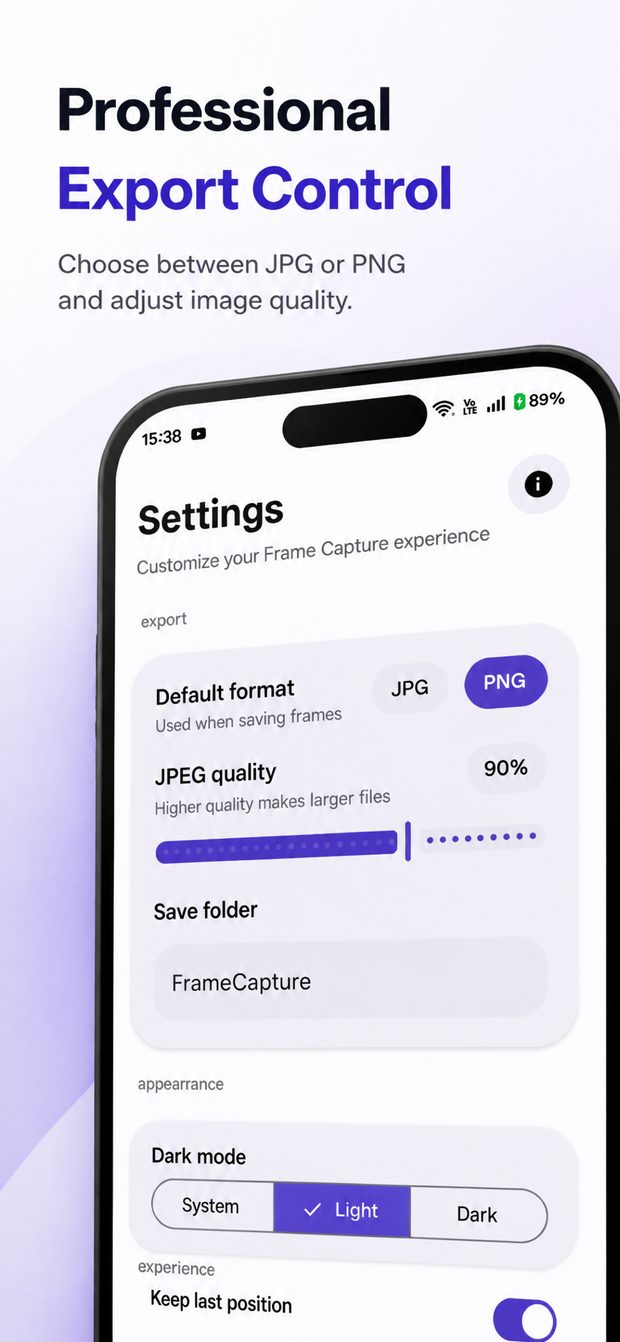 Frame Capture settings with JPG or PNG default format and a JPEG quality slider